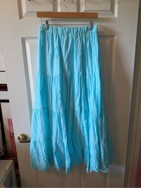 Women's Light Blue Eyelet Tiered Maxi Skirt